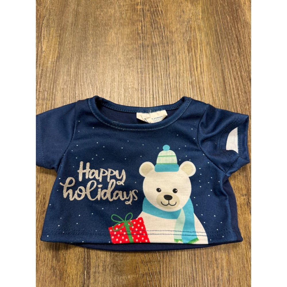 Build-A-Bear Happy Holidays Tee Navy Blue Good Polar Bear Glitter 2023 fits 16"